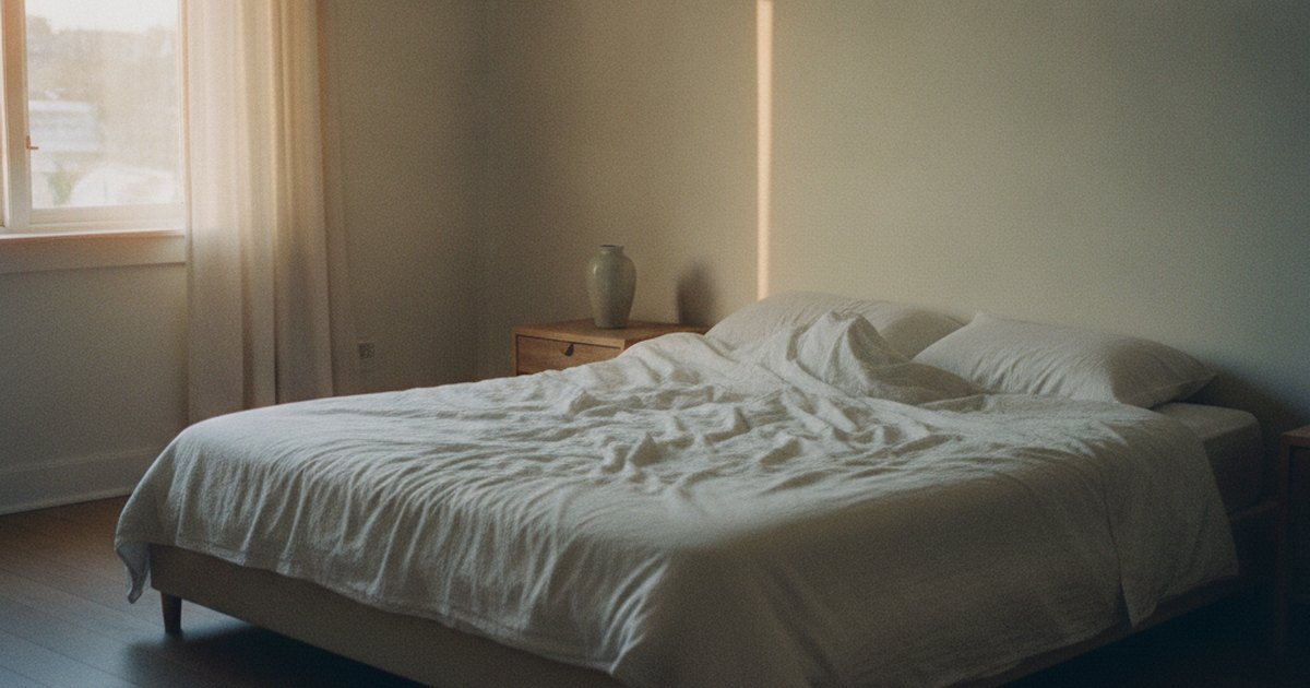 Early morning light falling across a calm, empty bedroom.